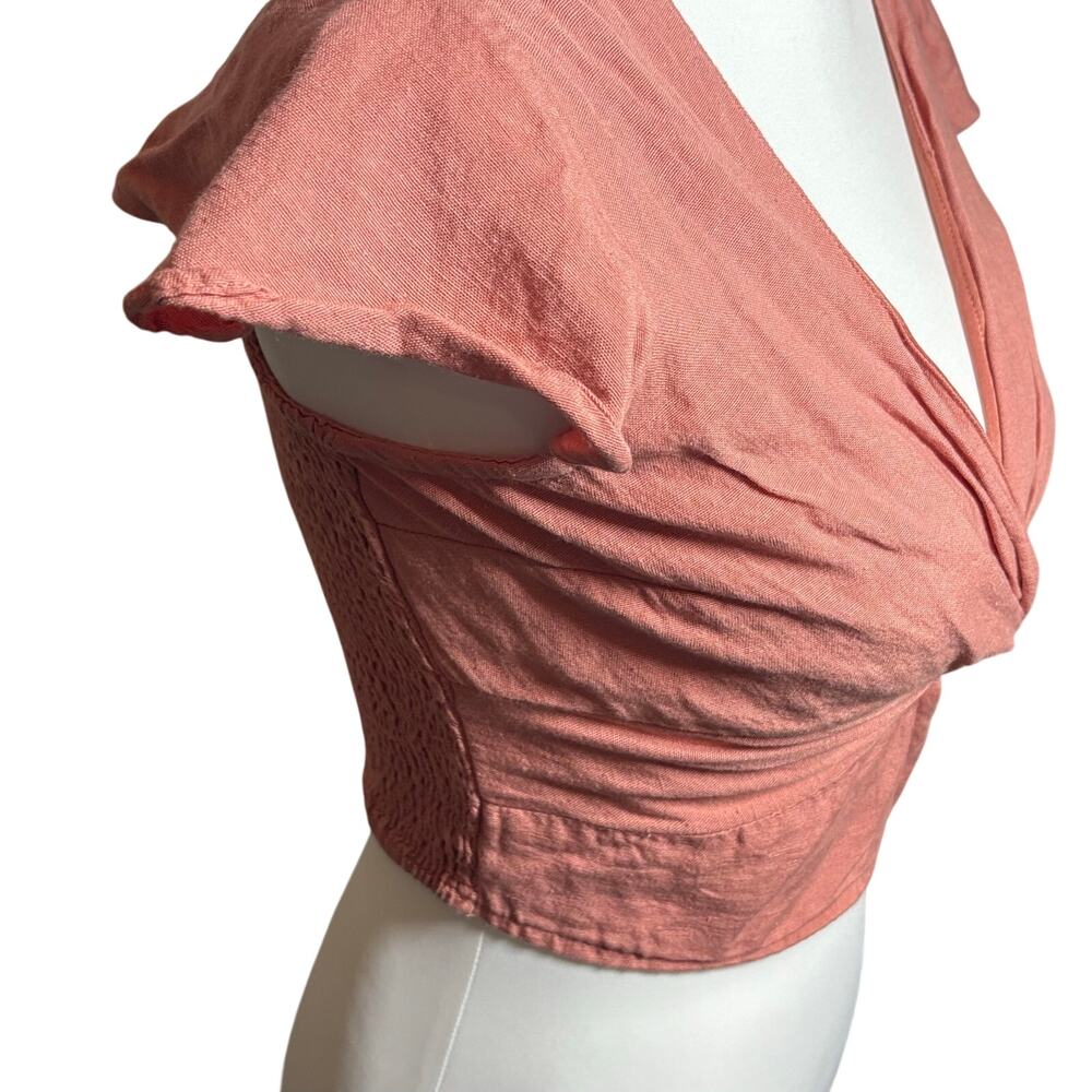 Pink Twist Front Crop Top Boho Smocked Back Flutter Sleeve Medium - Picture 3 of 9